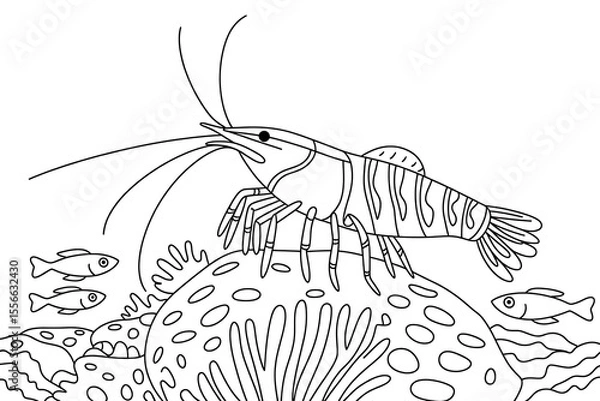 Fototapeta Shrimp on a coral reef, surrounded by fish.
