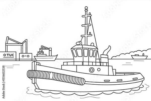 Fototapeta Tugboat navigating harbor, surrounded by cargo ships.
