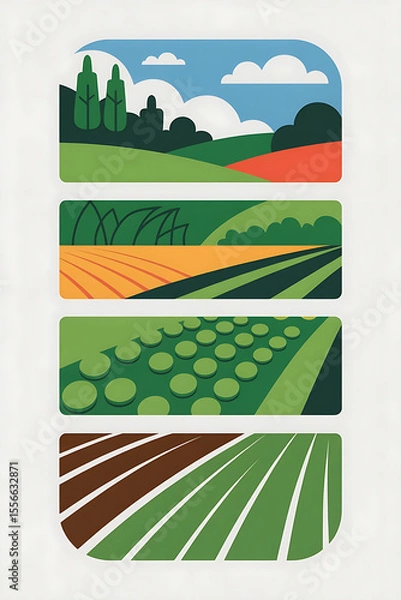 Fototapeta Four stages of a farm cycle, from field preparation to harvest.
