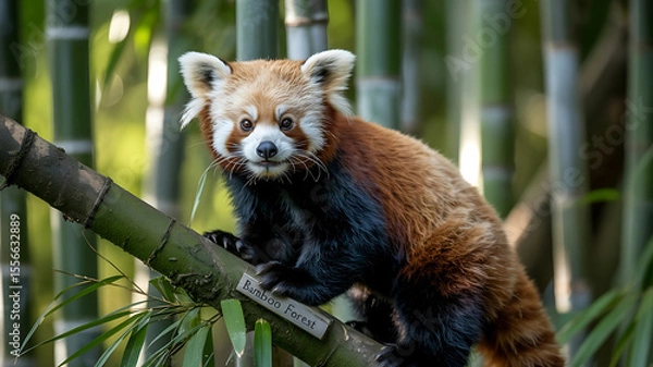 Fototapeta Red panda on bamboo, alert and curious.
