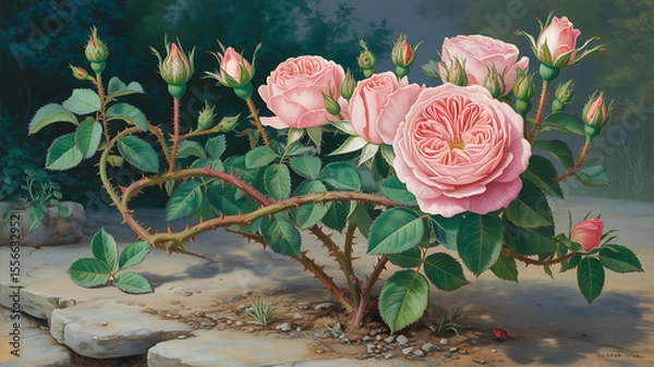 Fototapeta Pink roses bloom on a stone garden.
