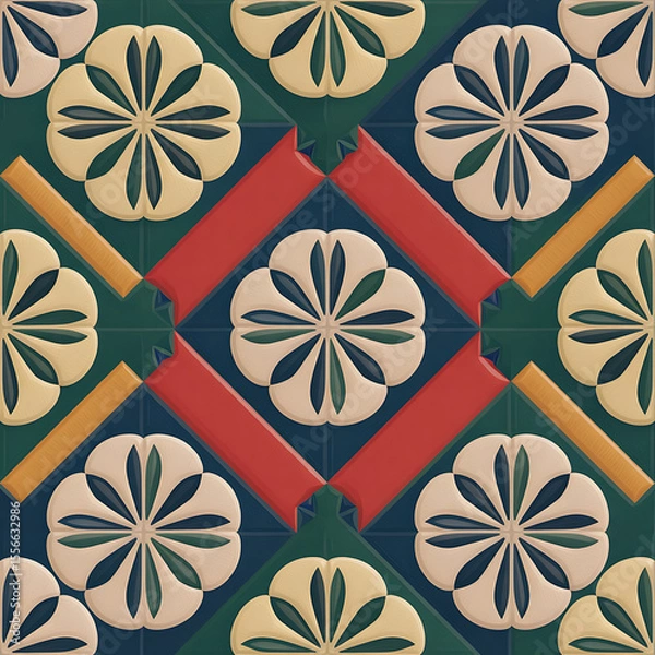 Fototapeta Ornate floral tile pattern in red, yellow, and green.
