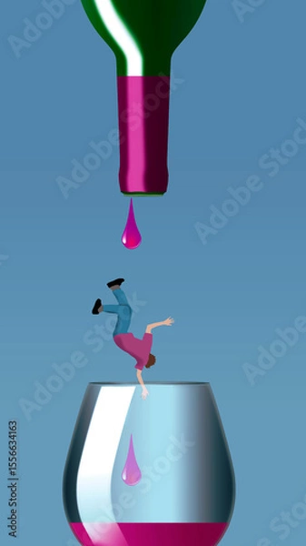 Obraz A man is out of control as he falls from a wine bottle into a glass of wine in this 3-d illustration about alcoholism.
