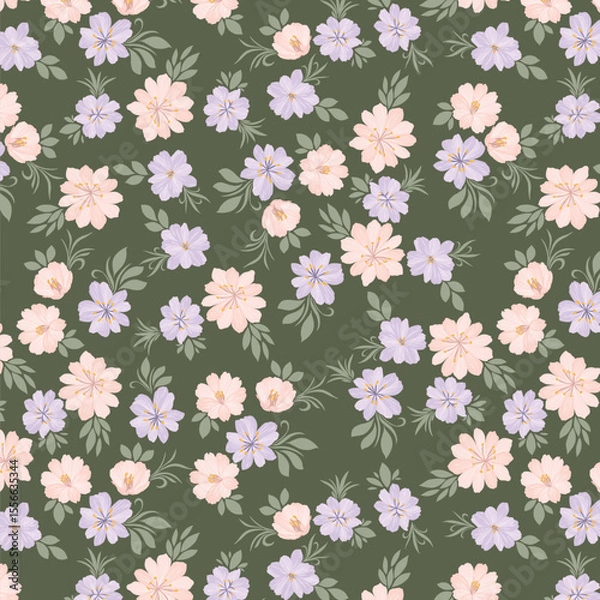 Obraz Pink Purple Pastel Flora Patels on Solid Green Background Seamless Pattern
