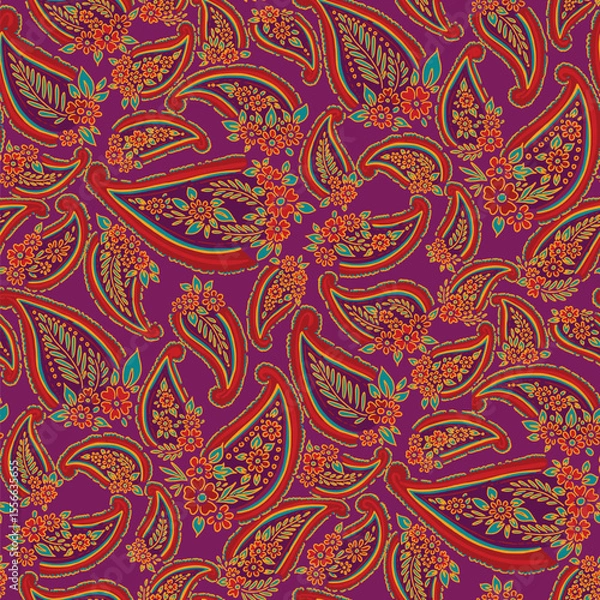 Obraz Red And Purple Paisley with Turquoise leaves and yellow outline Allover Pattern