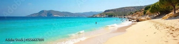 Obraz Sun-drenched golden sands meet crystal-clear turquoise waters on a secluded Greek beach Perfect for relaxation and escape, this idyllic scene captures the beauty of the Grecian coastline , calm, warm