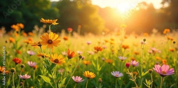 Obraz Sun-Drenched Meadow in Full Bloom Vibrant Wildflowers Basking in Golden Light, Idyllic Summer Landscape