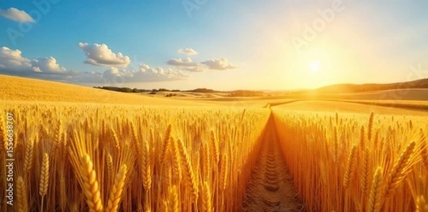 Obraz Golden wheat field shimmering under a summer sun, ripe and ready for harvest Rolling hills of amber grain stretch to the horizon, a picturesque agricultural scene , bread, golden, farming