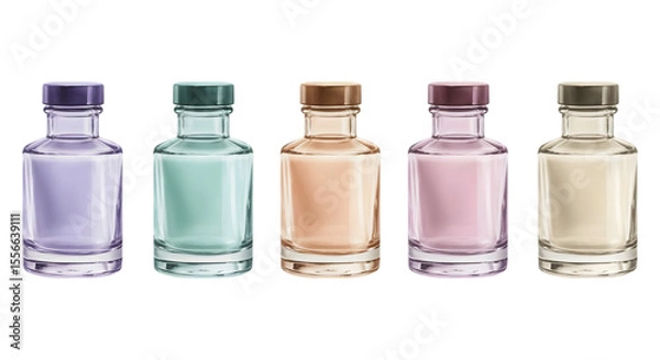 Obraz Pastel potion bottles in a row showcases magical glass vials with colorful liquids against a transparent background for creative designs.