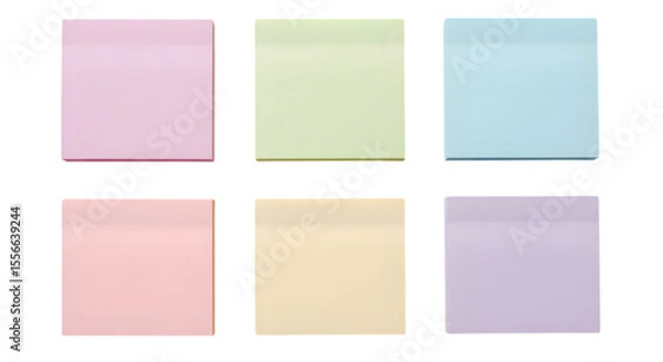 Obraz Pastel sticky notes arranged on a transparent background, perfect for reminders, notes, organization and creative projects with assorted light colors.