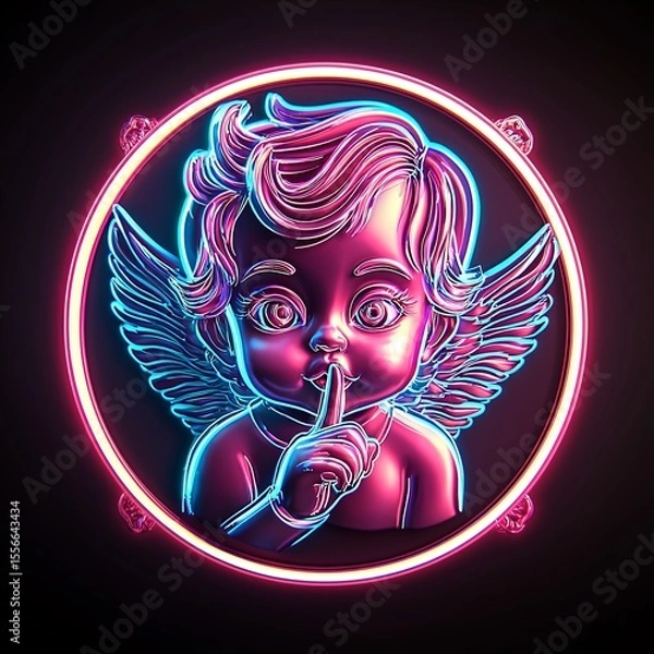Fototapeta Neon glowing angel baby with wings making shush gesture in cyberpunk style circle frame on dark background — futuristic fantasy illustration