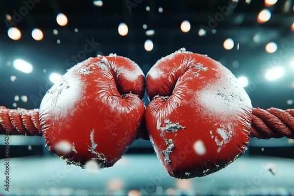 Fototapeta Two worn red boxing gloves collide in a dramatic punch impact inside a boxing ring under bright arena lights, sports action concept