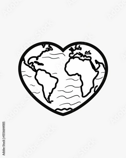 Fototapeta Simple line art Earth map inside heart shape symbolizing love for the planet, minimalistic eco-friendly illustration, black and white contour design