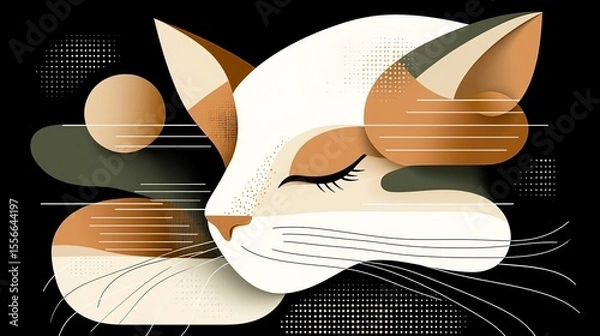 Fototapeta Modern abstract geometric illustration of a calm sleeping cat in minimalist style with warm colors on black background