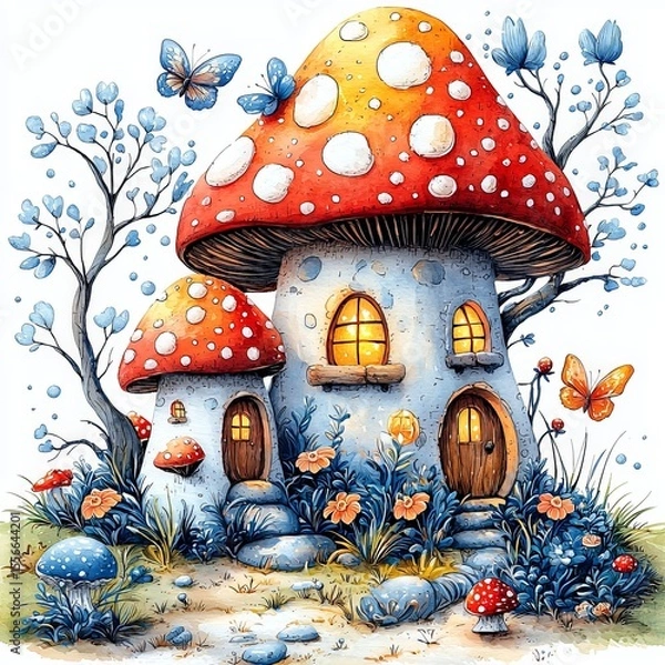 Fototapeta Whimsical fantasy mushroom houses with glowing windows surrounded by flowers, butterflies and trees, fairytale woodland illustration for kids design