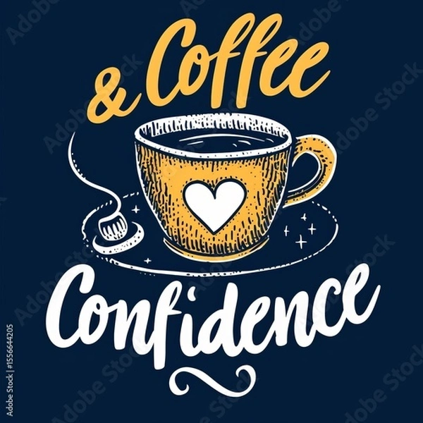 Fototapeta Hand drawn inspirational coffee quote illustration with yellow cup, heart symbol and text & Coffee Confidence on dark background, cozy café vibe