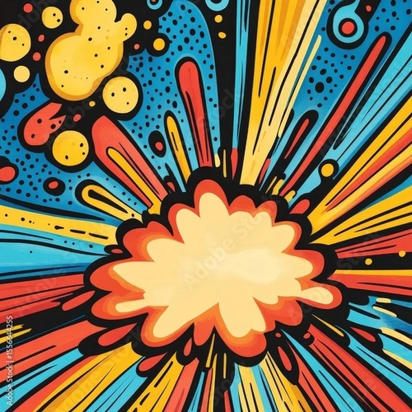 Fototapeta Retro pop art comic style explosion with colorful rays and dots, dynamic abstract blast illustration for cartoon effect and creative design concept