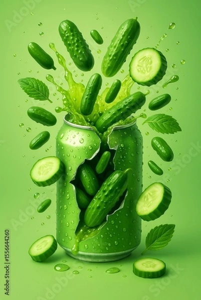 Fototapeta Creative green soda can bursting with fresh cucumbers, slices and leaves, healthy organic refreshment concept illustration on vibrant green background