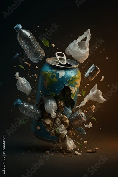 Fototapeta Conceptual illustration of Earth depicted as soda can overflowing with plastic waste, bottles and bags symbolizing global pollution and environmental crisis