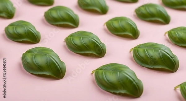 Fototapeta Fresh green basil leaves arranged in a repeating pattern on a soft pink background for culinary and design inspiration