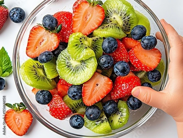Fototapeta Fresh fruit salad with kiwi, strawberries and blueberries in glass bowl held by child’s hand, healthy snack concept, top view