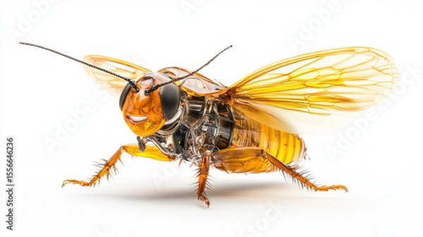 Fototapeta Futuristic mechanical bee robot insect with transparent wings and metal parts, concept of bioengineering, cyber insect or sci-fi hybrid illustration