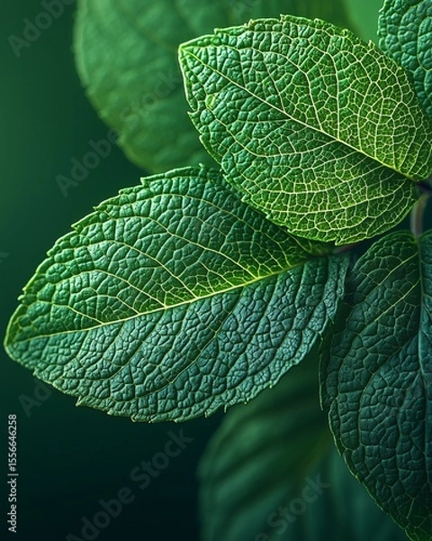 Fototapeta Fresh green leaves macro shot with detailed texture and veins, natural botanical close-up for eco design and organic concept