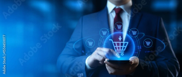 Fototapeta Businessman Holding Smartphone with E-Commerce and Retail Icons on Screen. E-Business and Shopping Concept
