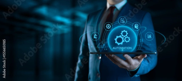 Fototapeta Businessman Holding smartphone with Automation Process Icons on Screen. Business and Industry concept