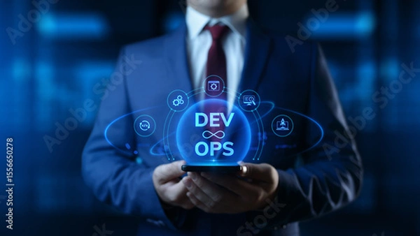 Fototapeta Businessman holding smartphone with Dev Ops Development Operations icons on screen