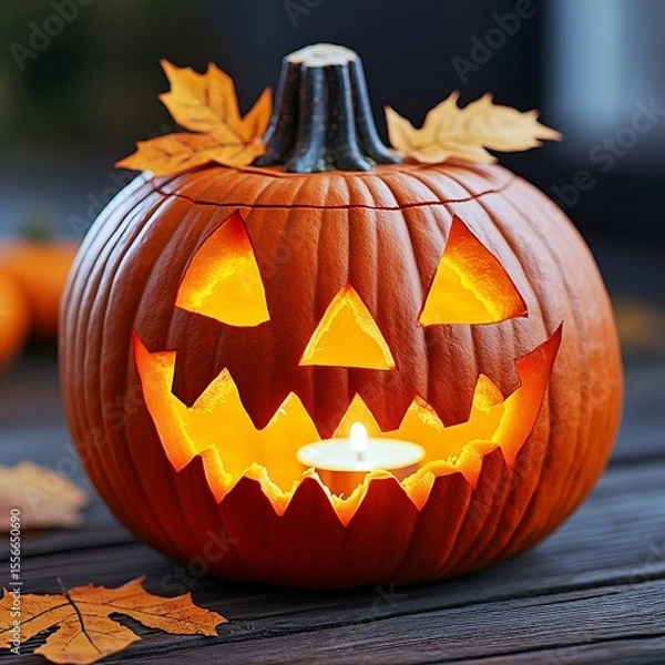 Fototapeta Glowing carved Halloween pumpkin Jack-o'-lantern with candle and autumn leaves on wooden table, spooky festive atmosphere at night