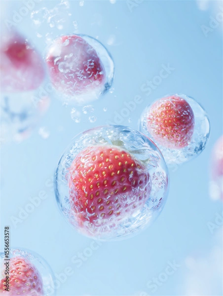 Fototapeta 丸い水滴の中に入ったイチゴの水色背景