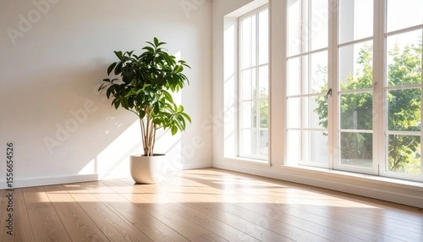 Fototapeta 木製の床と観葉植物、窓から差し込む光が爽やかなリビング