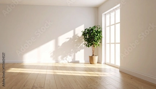 Fototapeta 木製の床と観葉植物、窓から差し込む光が爽やかなリビング