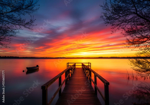 Fototapeta Vibrant Sunset Over a Calm Lake with Wooden Pier