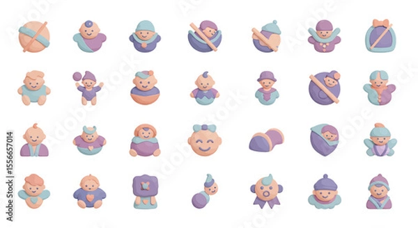 Fototapeta Vector Icons Set of Collection of PastelColored Baby Icons in Clay Style on White Background. Vector Illustrations. EPS Editable