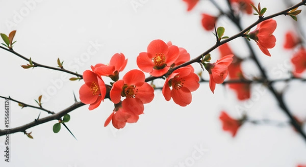 Fototapeta Close up of Vibrant Coral Colored Flowers on a Branch