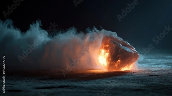 Fototapeta Fiery rock emerging from smoke