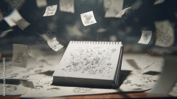 Fototapeta Floating sketches on notepad