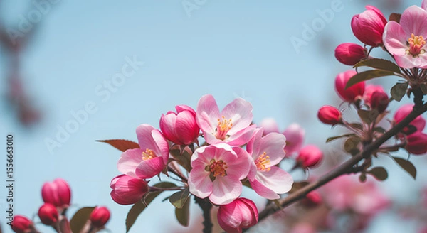 Fototapeta Close up of Beautiful Pink Blossoms Against a Light Blue Sky