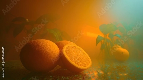 Fototapeta Fresh oranges with slice under dramatic lighting for culinary projects