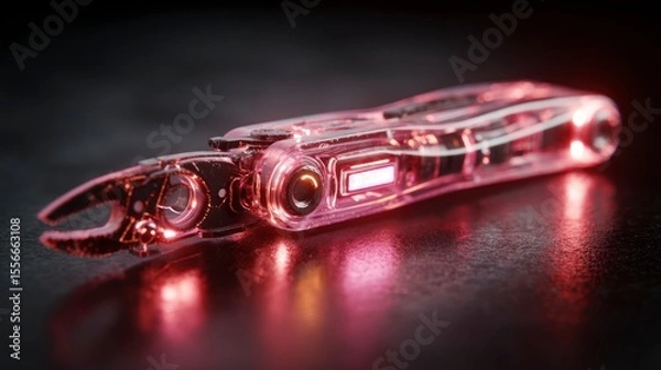 Fototapeta Futuristic glowing device with translucent design on dark surface