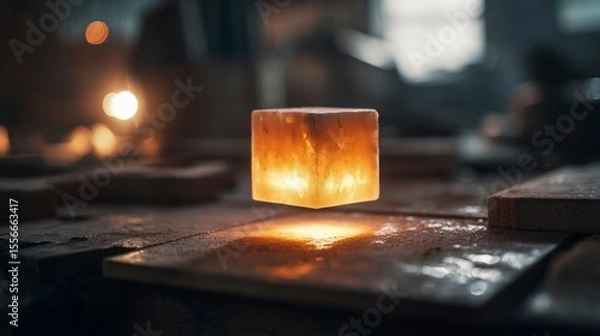 Fototapeta Glowing cube hovers over metal