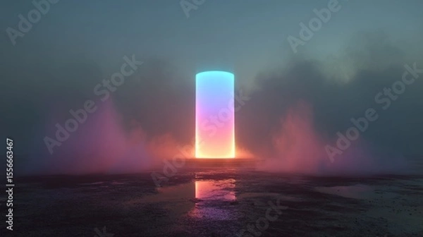Fototapeta Glowing cylinder in misty landscape
