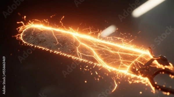 Fototapeta Glowing energy chainsaw with sparks against dark background