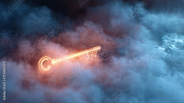 Fototapeta Glowing neon key in smoky clouds