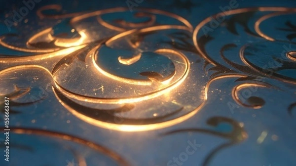 Fototapeta Golden swirls pattern illuminated on blue surface for design and background