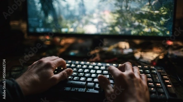 Fototapeta Hands typing on keyboard