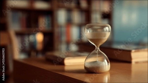 Fototapeta Hourglass on wooden table with books