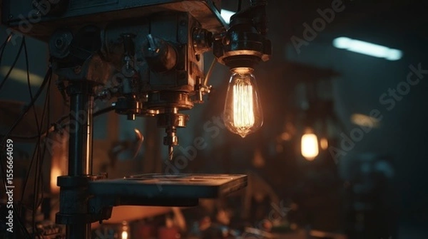 Fototapeta Industrial machine with illuminated bulb in moody workshop environment